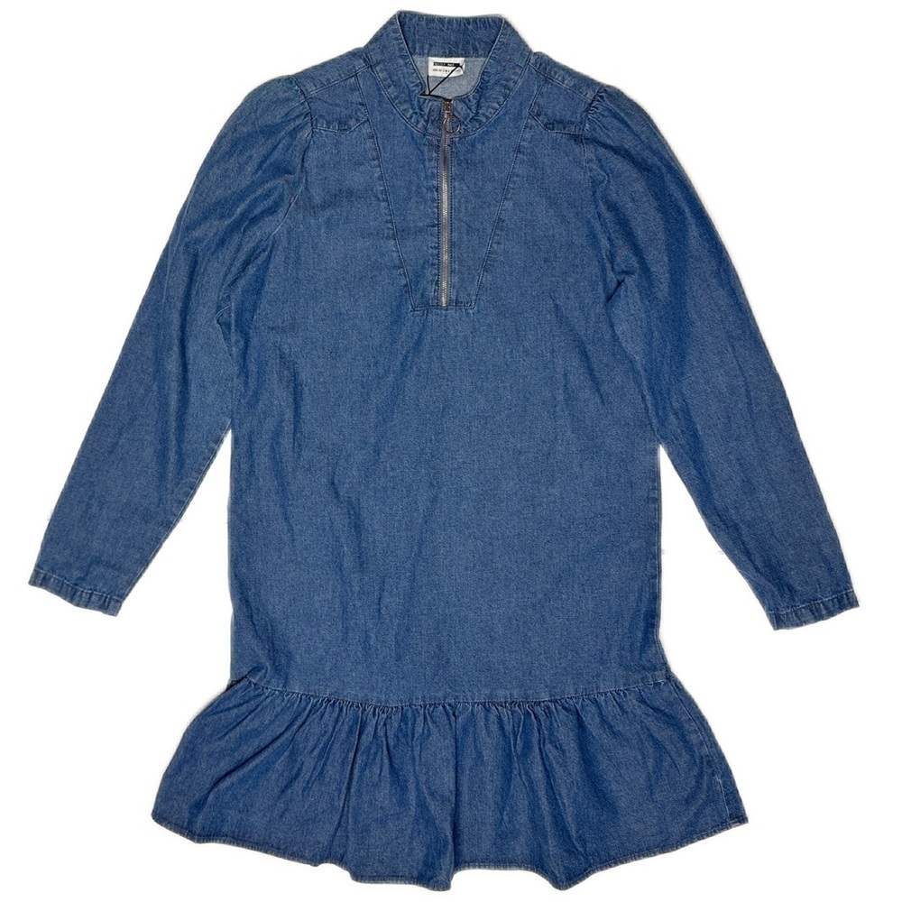 NEW Noisy May Blue Denim Ruffle Mini Shift Dress Zip Mock Collar Size Medium - Picture 4 of 15